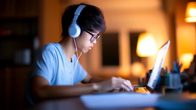 Asian teenage boy sitting at home using laptop with headphones at night, deeply focused while studying or watching anime, portraying an addicted digital lifestyle, online learning, and nerdy youth 