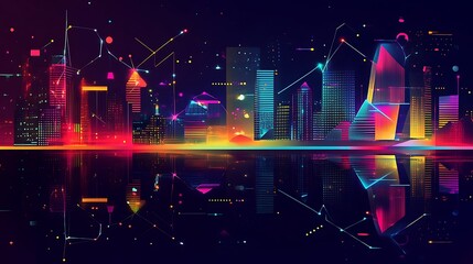 neon cityscape reflection with vibrant digital metropolis for futuristic urban vision glowing lights modern technology concept.