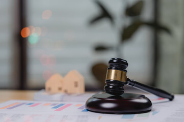 Closeup Dark Wood Judges Gavel Golden Band, Focus Justice Symbol, Blurred Background Estate House...