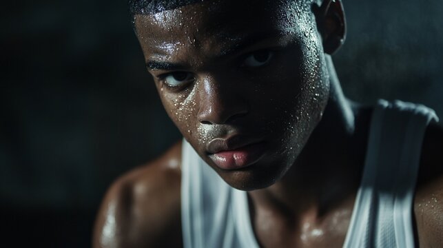 Intense close-up of a sweaty African American athlete after workout