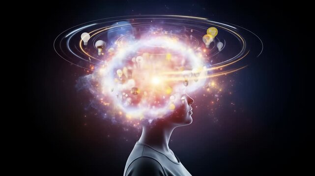 Woman's Head Exploding with Ideas and Light Bulbs