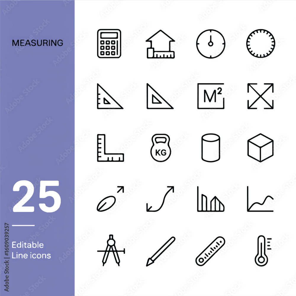 Poster a minimalist icon set collection of measuring tools and geometric symbols in a clean line art style.