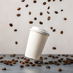 Floating Paper Coffee Cup Surrounded by Flying Coffee Beans – Energetic Gravity-Defying Concept for Café Branding