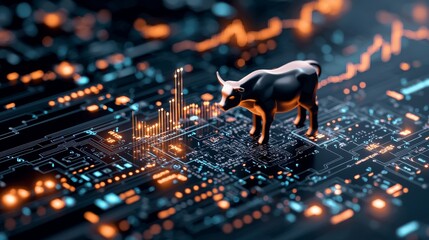 Digital bull market financial growth visualization in technology-infused environment futuristic perspective data analytics concept