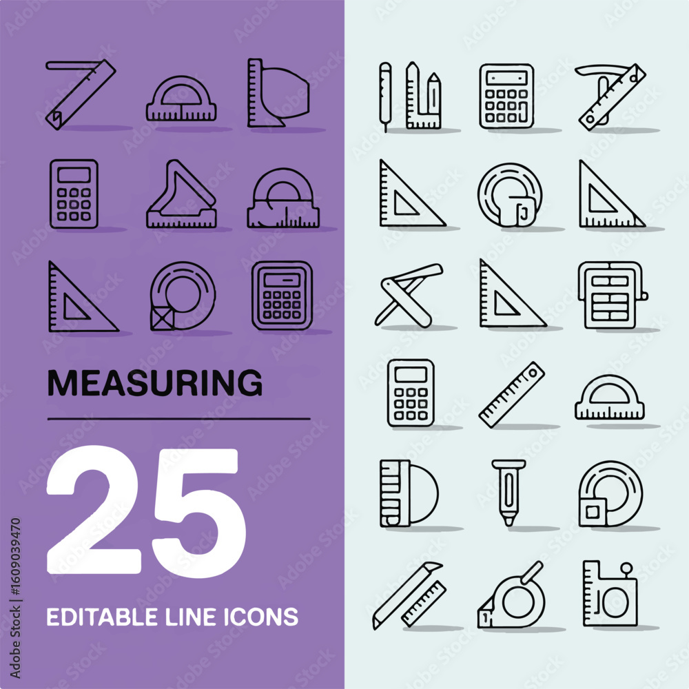 Poster a minimalist icon set collection of measuring tools and geometric symbols in a clean line art style.