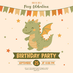Birthday invitation. Cute design with a little dragon, festive flags, and stars for Birthday and baby shower party. Child-friendly and cute dragon. Vector