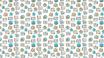 A seamless pattern featuring architectural design elements on a white background surface design