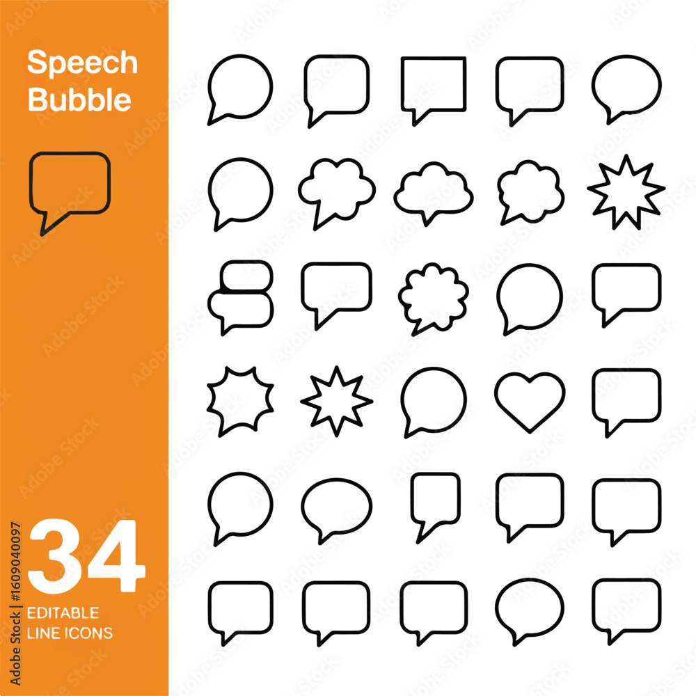 Poster a minimalist icon set design featuring 34 speech bubble variations arranged in a grid layout.