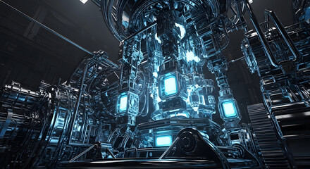Futuristic Industrial Core: High-Tech Machinery with Glowing Blue Energy and Intricate Design