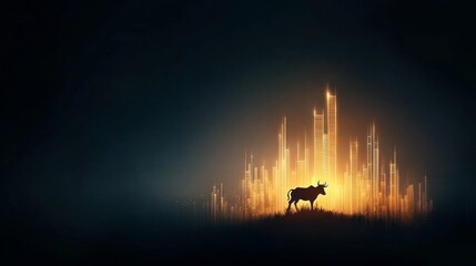 Urban landscape transformation featuring a bull silhouette against a glowing city nighttime digital art perspective