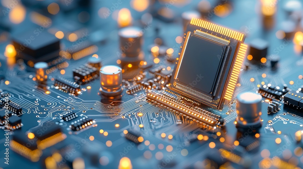 Poster innovative technology circuit board digital workspace macro photography high-tech environment close-