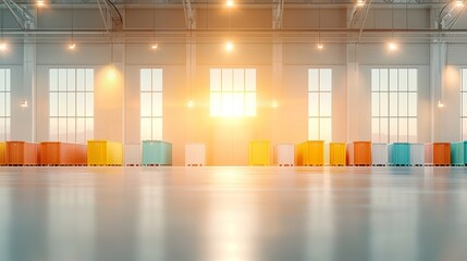 Sunset glow over colorful storage units in modern warehouse bright environment wide-angle view for stunning imagery