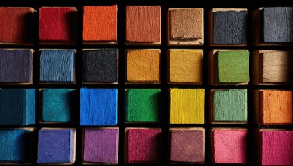 Colorful square wooden blocks in a grid pattern