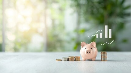 Investing in financial growth analyzing savings with a piggy bank in a bright office environment
