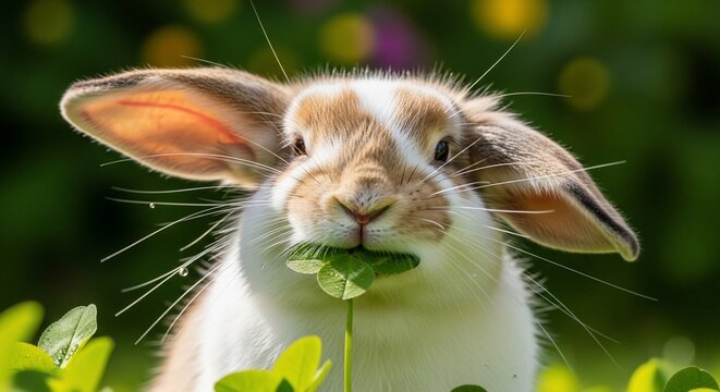 Adorable Lop-Eared Rabbit Nibbling on a Clover in a Lush Green Garden