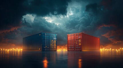 Mysterious dual shipping containers amidst stormy skies industrial landscape digital art dramatic lighting