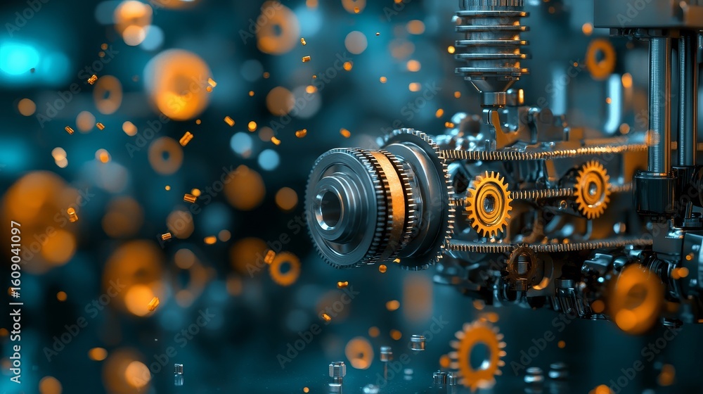 Poster mechanical engineering action industrial workshop digital rendering tech environment close-up view g