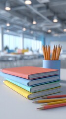 A stack of colorful notebooks and pencils on a white table in an empty classroom, created as a mock up scene for school supply branding 