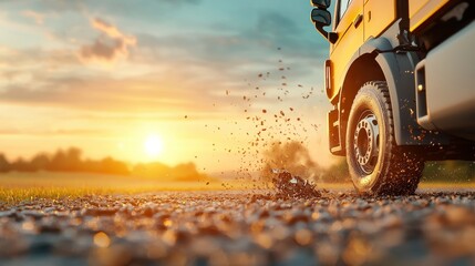Construction truck driving on gravel road at sunset industrial scene dynamic perspective for transport enthusiasts