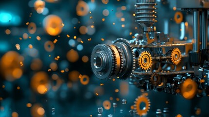 Mechanical engineering action industrial workshop digital rendering tech environment close-up view gear mechanics concept