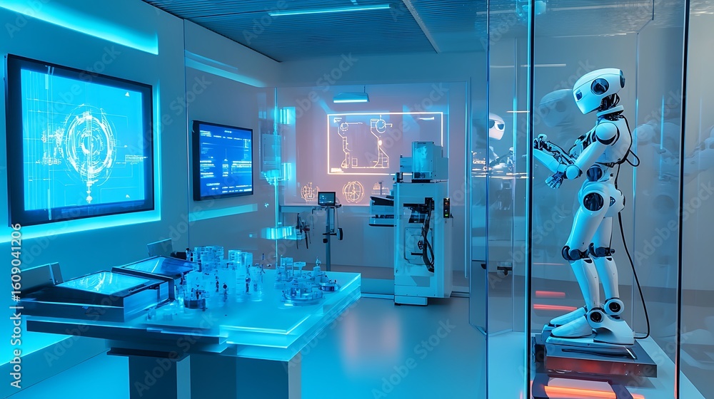 Poster futuristic robotic laboratory with advanced technology for artificial intelligence ai innovation aut