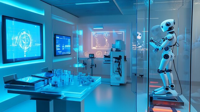 futuristic robotic laboratory with advanced technology for artificial intelligence AI innovation automation development modern science engineering concept.