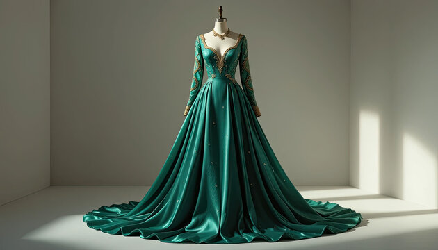 Stunning emerald green gown with gold embroidery, perfect for a fairy tale ball or elegant event, captivating design, luxurious fabric, and timeless appeal