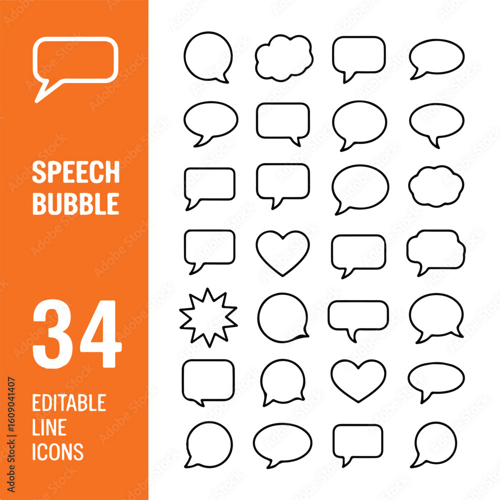 Poster a minimalist icon set design featuring 34 speech bubble variations arranged in a grid layout.