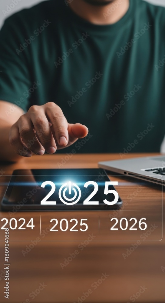 Poster futuristic technology interface with highlighted year 2025 and power symbol. business professional p