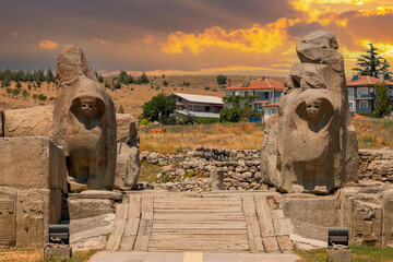 Ancient gate entrance with sphinx from the Hittite period in Alacahoyuk. Corum, Turkey.