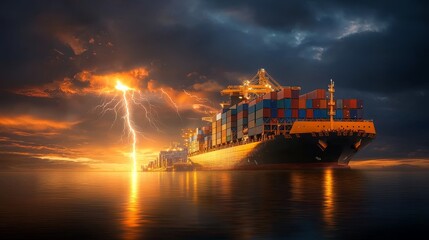 Stormy seas container ship battling thunderstorm open ocean photography dramatic environment low angle maritime resilience
