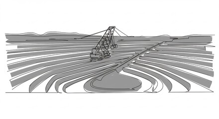 Construction Crane in Agricultural Terraces on Mountain Landscape