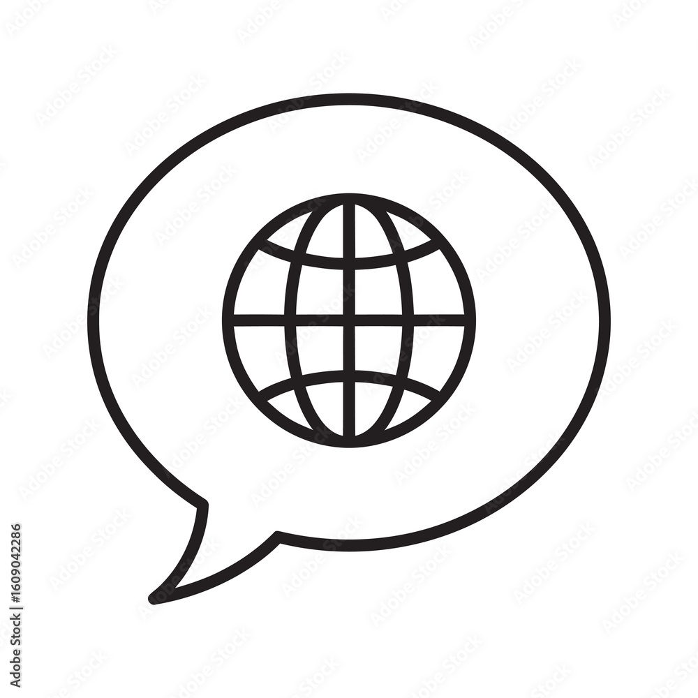 Poster international dialogue icon showing world globe in chat bubble for global communication language tra