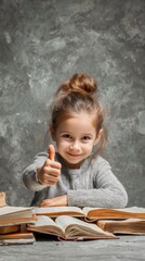 Cute little girl studying at desk with books and showing thumbs up, education and success concept.