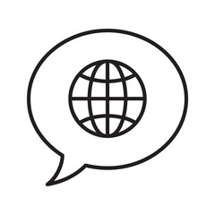 International dialogue icon showing world globe in chat bubble for global communication language translation and multilingual online support