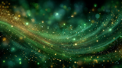 Emerald Green Abstract Background with Glittering Gold Particles and Bokeh Lights
