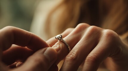 Man placing engagement ring on womana??s finger romantic moment love proposal close up tender hands emotional and intimate scene