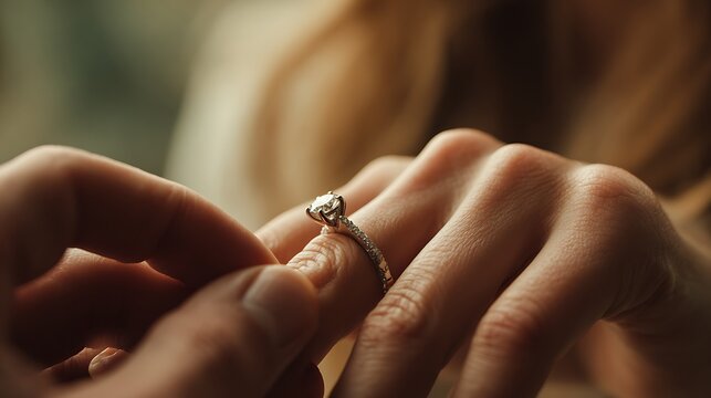 Man placing engagement ring on womana??s finger romantic moment love proposal close up tender hands emotional and intimate scene - Powered by Adobe
