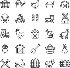 Fototapeta premium Farm Life Line Icons | Adjustable Line Weight | A continuation of farm-themed illustrations featuring barns, tractors, chickens, tools, animals, and garden items representing rural life.