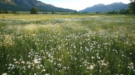 serene meadow landscape with wildflowers bloom for mountain vista appreciation nature escape peaceful outdoor adventure travel photography inspiration concept.