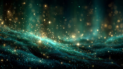 Obraz premium Abstract Teal and Gold Glittering Particles Background with Soft Bokeh Lights