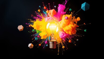 Glowing light bulb exploding into a cloud of colorful paint and geometric shapes, symbolizing a burst of creative ideas