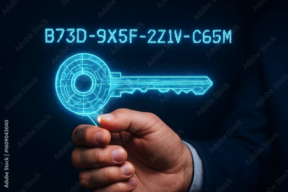 Poster a digital key hovers above a hand, symbolizing cybersecurity and access in a futuristic technologica
