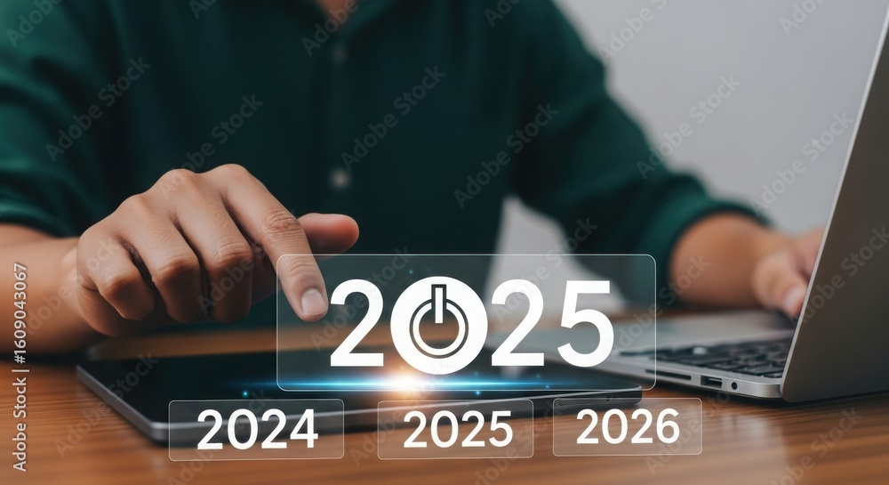 Poster futuristic technology interface with highlighted year 2025 and power symbol. business professional p