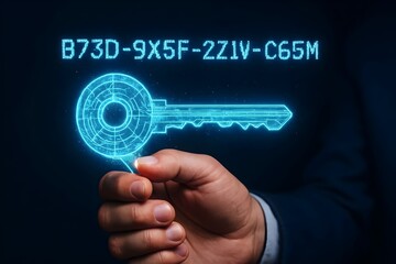 A digital key hovers above a hand, symbolizing cybersecurity and access in a futuristic technological context