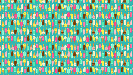 Seamless pattern featuring a variety of colorful ice cream cones and popsicles on a blue background