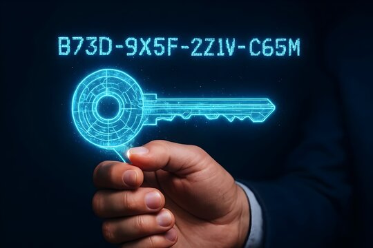 A digital key hovers above a hand, symbolizing cybersecurity and access in a futuristic technological context