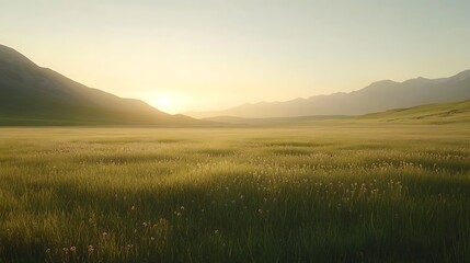 golden hour meadow with warm sunlight for serene sunset landscape inspiration mountain valley exploration travel nature peaceful scenic view concept.