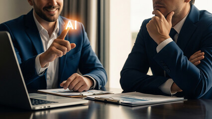 A person proposing the introduction of AI technology at a business meeting and a person thinking