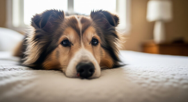 Shetland Sheepdog lying listlessly on the bed